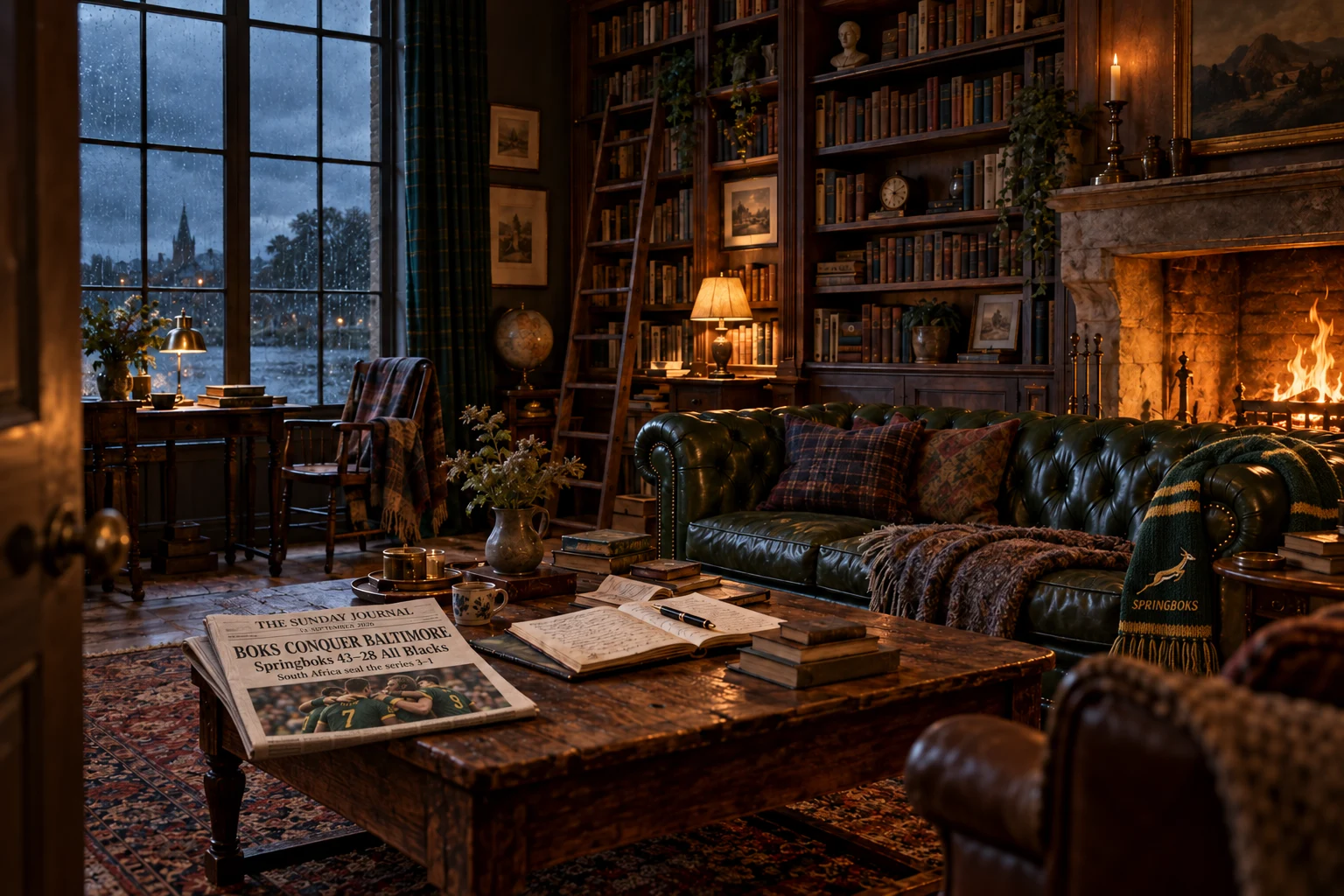 The library with a green-and-gold Springbok scarf