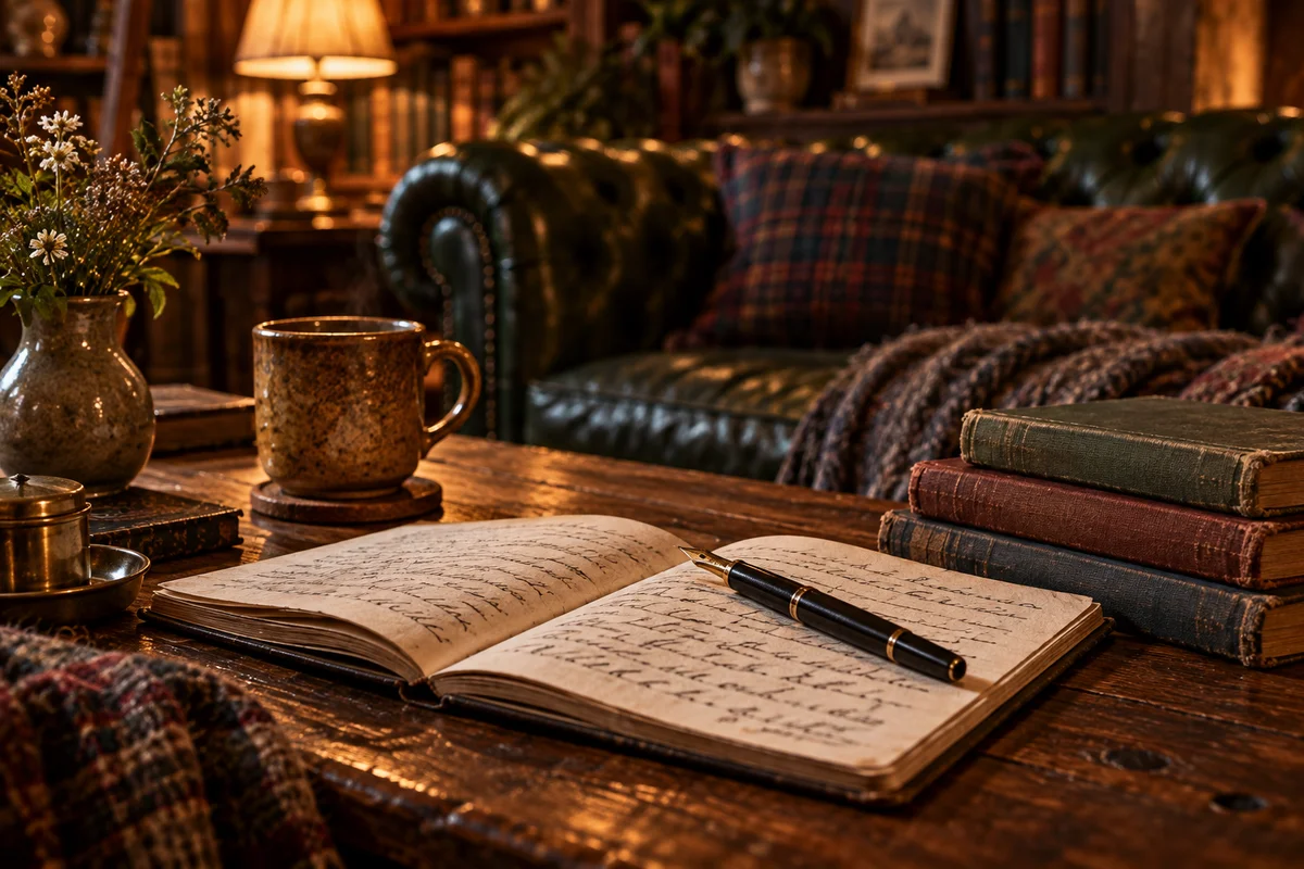 An open notebook, fountain pen and well-loved books in warm lamplight